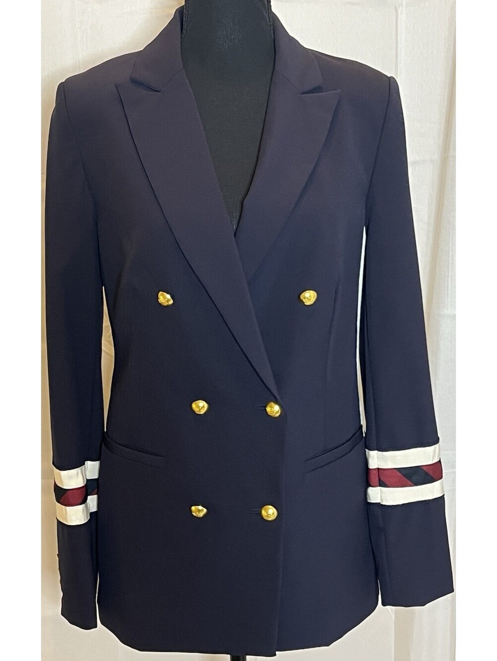 Vertigo Paris Collegiate Double Breasted Blazer Navy Gold Buttons Sz 6 NWOT $220